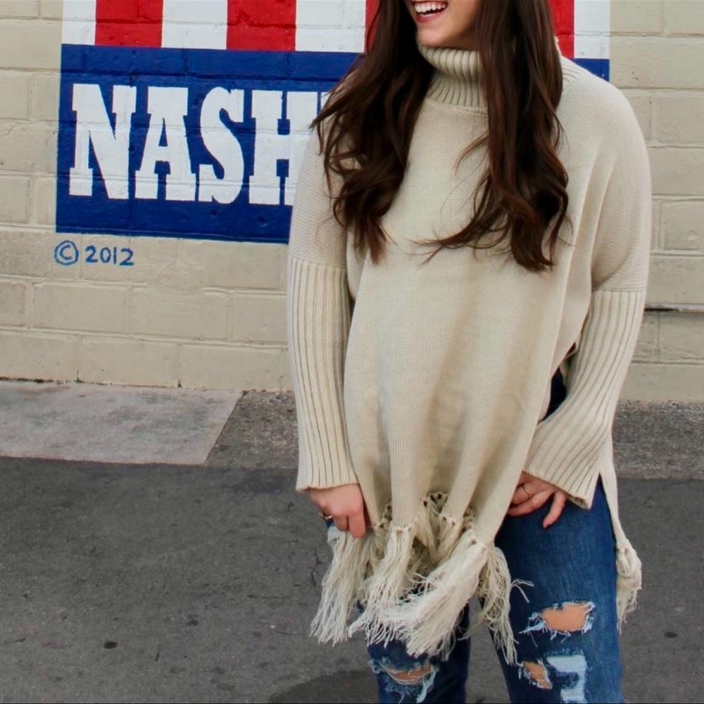 Turtleneck Sweater with Fringe Detail and Slit